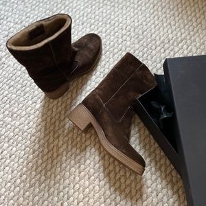 Theory Crepe Heel Bootie in Brown Suede